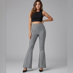 Silver High Waist Flare Leg Metallic Pants
